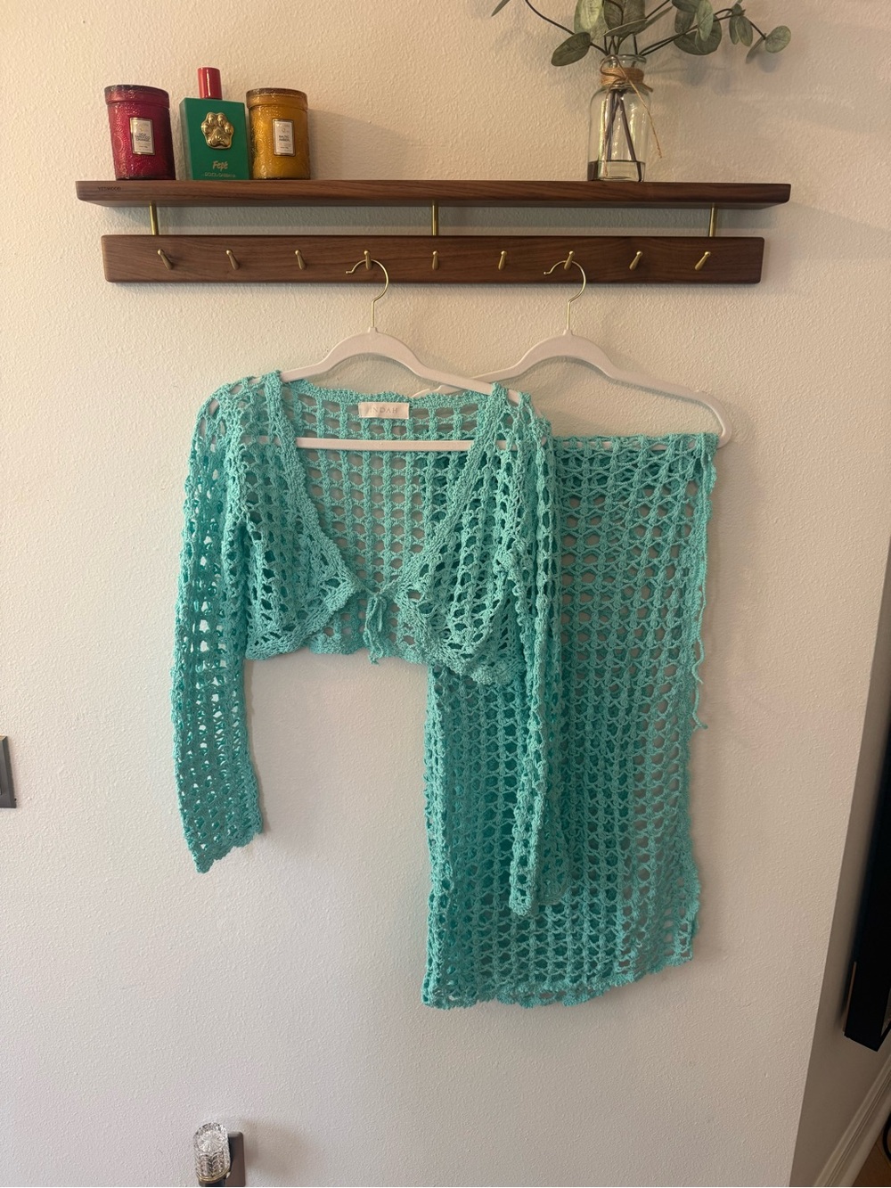 Indah Aqua Crochet Open-Knit Tie-Front Shrug with Matching Skirt